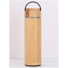 Бамбуковая вакуумная бутылка с бамбуковой крышкой 450 мл с ручкой